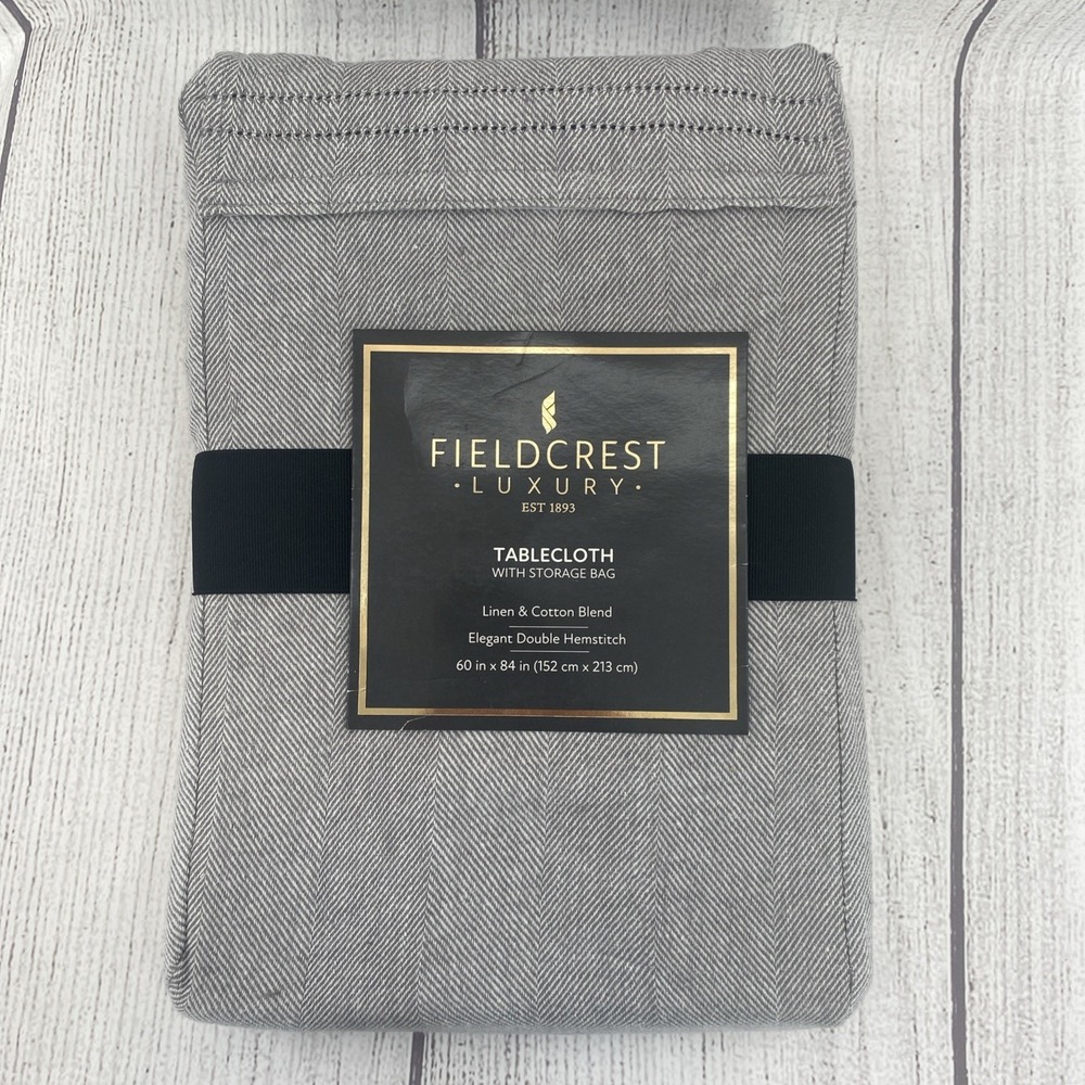 Fieldcrest Tablecloth Dark Gray 60x84 Double Hemstitch Linen Blend Herringbone